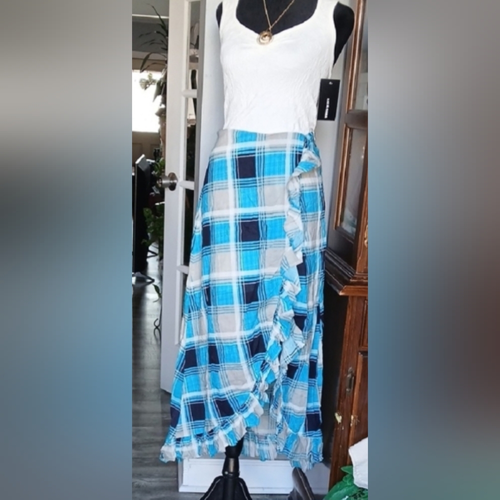 Blue Plaid Ruffle Wrap High-Low Skirt
